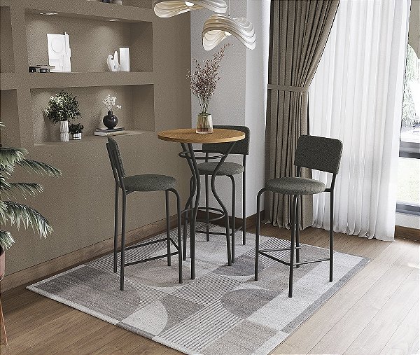 Conjunto de Mesa Bistro 65cm + 03 Banquetas Capri Preto Cor Linho Chumbo - Kappes Crome