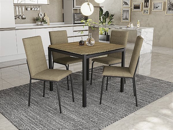 Conjunto de Mesa Reno 90 + 04 Cadeiras Amsterda Preto Cor Capuccino - Kappes Crome