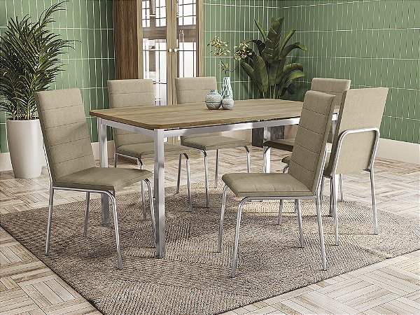 Conjunto de Mesa Reno 160 + 06 Cadeiras Amsterda Cromado Cor Capuccino - Kappes Crome
