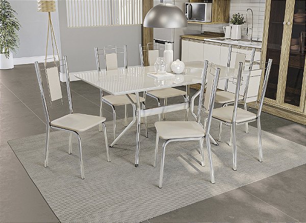 Conjunto de Mesa Loire 160 + 06 Cadeiras Florença Cromado Cor Nude - Kappes Crome