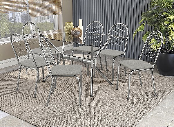 Conjunto de Mesa Loire 150 + 06 Cadeiras Noruega Cromado Cor Boucle Cinza - Kappes Crome