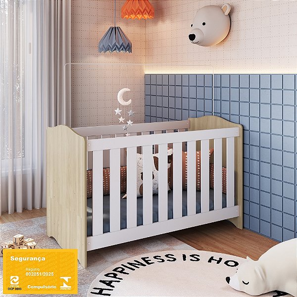 Berço com Colchão - Linha Encanto - Carvalho/Branco - Completa Móveis