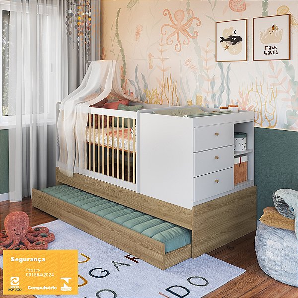 Berço Cama Multifuncional c/ Auxiliar - Avieiro/Branco - Completa Móveis