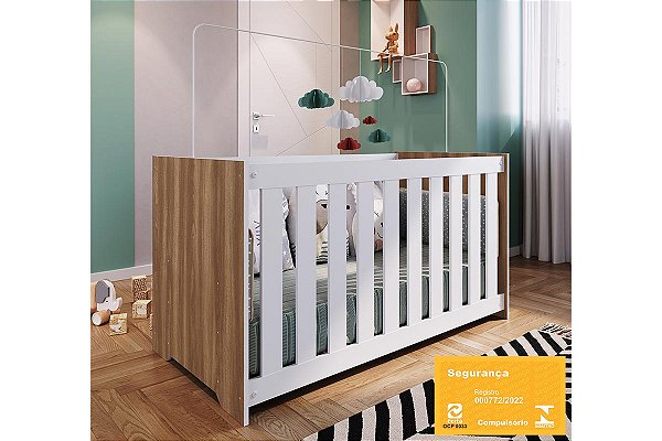 Berço com Colchão - Linha Aconchego - Nogal/Branco - Completa Móveis