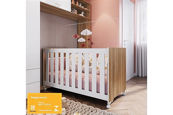 Berço com Rodizios - Linha Aconchego - Nogal/Branco - Completa Móveis