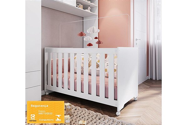 Berço com Rodizios - Linha Aconchego - Branco - Completa Móveis