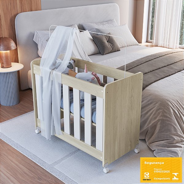 Mini Berço 4 em 1 c/ Colchão - Carvalho / Branco - Completa Móveis