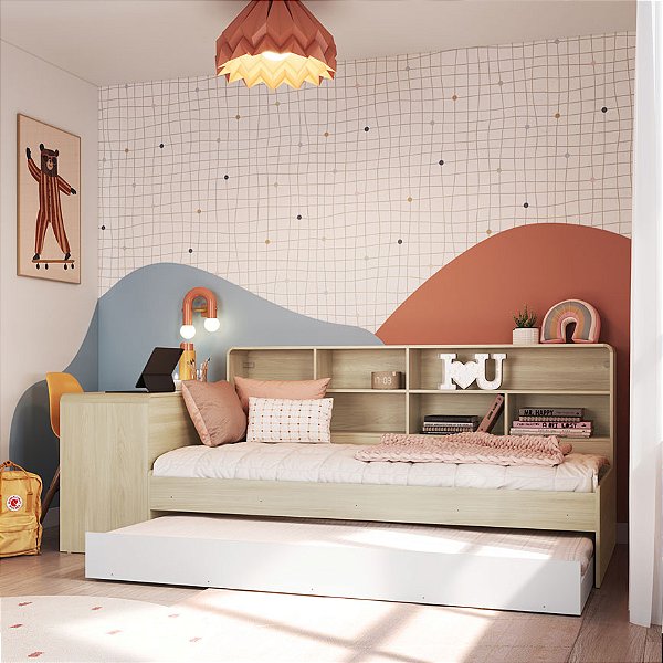 Cama Juvenil c/ Auxiliar, Escrivaninha e Estante - Carvalho/Branco - Completa Móveis