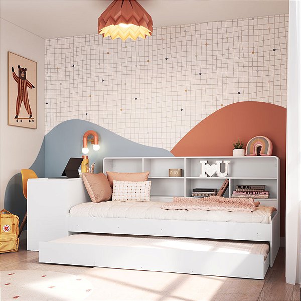 Cama Juvenil c/ Auxiliar, Escrivaninha e Estante - Branco - Completa Móveis