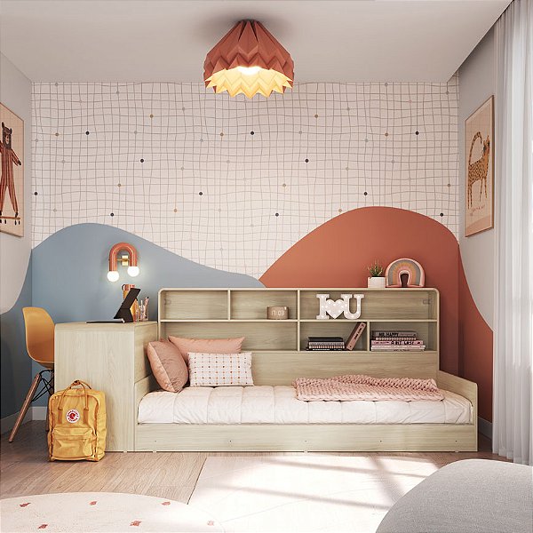 Cama Juvenil c/ Escrivaninha e Estante - Carvalho - Completa Móveis