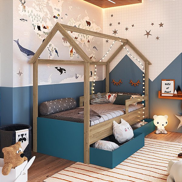 Cama Montessoriana c/ Gavetões - Avieiro/Azul - Completa Móveis