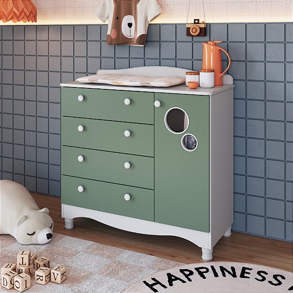 Comoda 04 gavetas 01 Porta - Branco/Verde - Completa Móveis