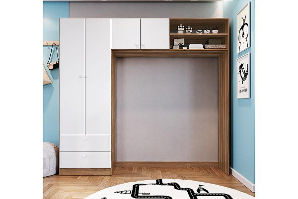 Roupeiro 04 Portas 02 Gavetas - Nogal / Branco - Completa Móveis