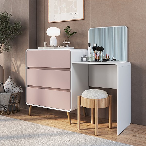 Comoda Penteadeira 03 Gavetas - Branco/Rosa - Completa Móveis