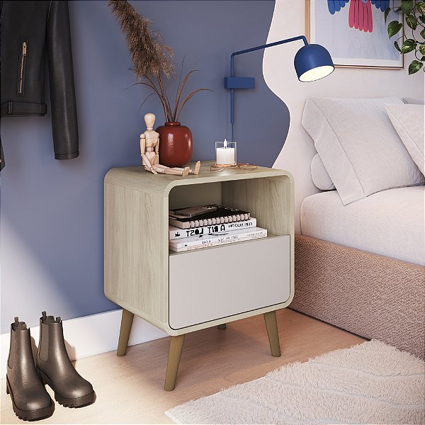 Mesa de Cabeceira 01 Gaveta - Carvalho/Bege - Completa Moveis