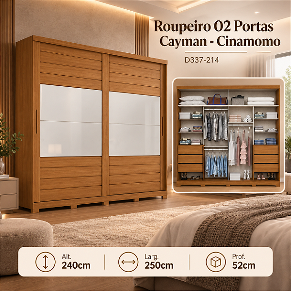 Roupeiro 250cm 02 Portas Cayman 100% MDF c/ Espelho - Ref. D337-214 - Cinamomo - Móveis Henn