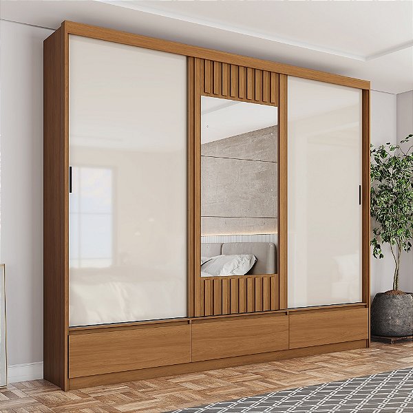 Roupeiro 03 Portas Deslizantes Delvin - D349-226 - Cinamomo/Off ou Avelã - Móveis Henn