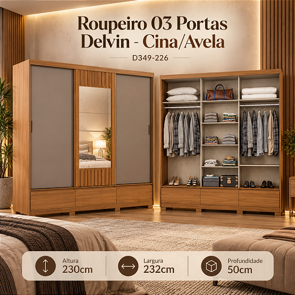 Roupeiro 232cm 03 Portas Deslizantes Delvin - D349-226 - Cinamomo/Off ou Avelã - Móveis Henn