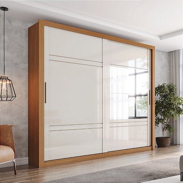 Roupeiro 02 Portas Deslizantes Sintra c/ Espelho - D343-221 - Cinamomo / Off white - Móveis Henn