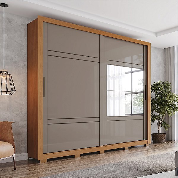Roupeiro 02 Portas Deslizantes Sintra c/ Espelho - D343-220 - Cinamomo / Avelã - Móveis Henn