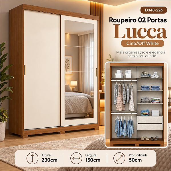 Roupeiro 150cm 02 Portas Lucca c/ Espelho - D348-226 - Cinamomo/Off ou Avelã - Móveis Henn