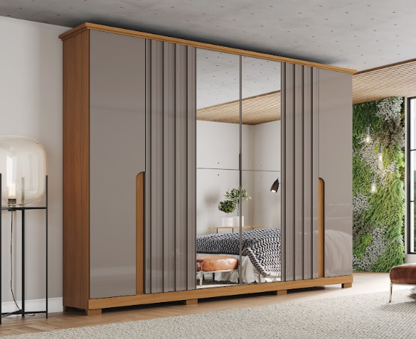 Roupeiro 06 Portas Napoli c/ Espelho - D308-220 - Cinamomo/Avelã - Móveis Henn