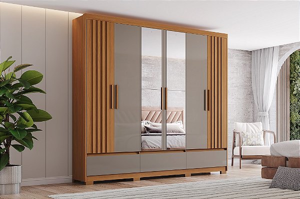 Roupeiro 06 Portas Kaian com Espelho - D347-220 - Cinamomo/Avelã - Móveis Henn