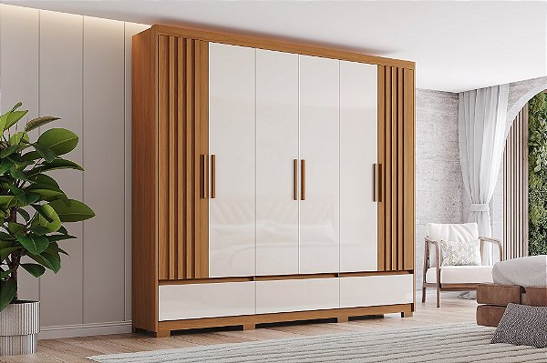 Roupeiro 06 Portas Kaian - D347-221 - Cinamomo/Off White - Móveis Henn
