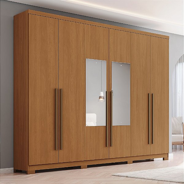 Roupeiro 06 Portas Jade c/ Espelho - D345-214 - Cinamomo - Móveis Henn