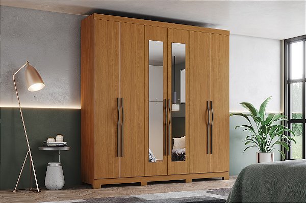 Roupeiro 06 Portas Dominic c/ Espelho - D346-221 - Cinamomo - Moveis Henn