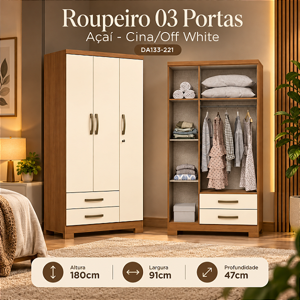 Roupeiro 91cm 03 Portas 02 Gavetas Açai - DA133-221 - Cinamomo/Off White - Móveis Henn