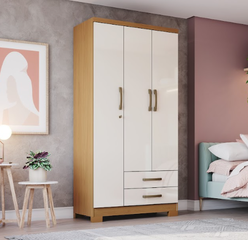 Roupeiro 03 Portas 02 Gavetas Açai - DA133-221 - Cinamomo/Off White - Móveis Henn