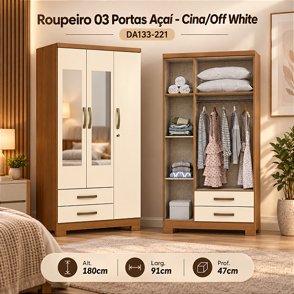Roupeiro 91cm 03 Portas 02 Gavetas Açai c/ Espelho - DA133-221 - Cinamomo/Off White - Móveis Henn