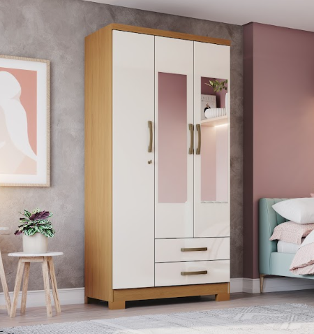 Roupeiro 03 Portas 02 Gavetas Açai - DA133-221 - Cinamomo/Off White - Móveis Henn