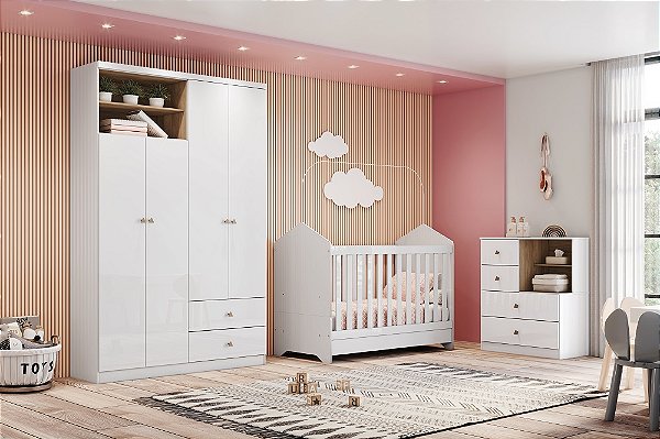 Conjunto Infantil Vanila - Branco/Jequitibá - Móveis Henn