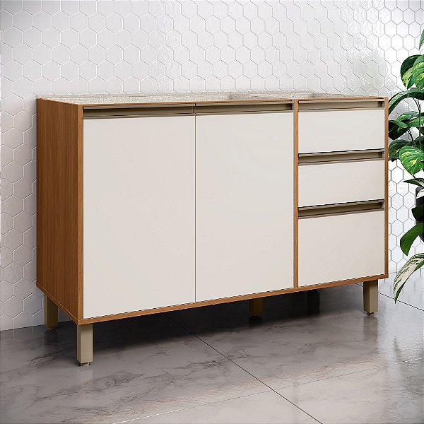 Balcão 03 Portas 120cm - Ref. C583-221 - Cinamomo/Off White - Linha Venaly - Móveis Henn