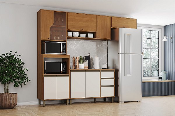 Cozinha Modulada 04 Pçs - Cinamomo/Off White - Linha Venaly - Móveis Henn
