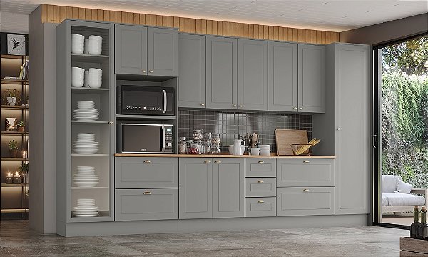 Cozinha Modulada 07 Pçs - Linha Americana - Cinza - Móveis Henn