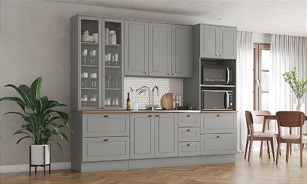 Cozinha Modulada 04 Pçs - Linha Americana - Cinza - Móveis Henn