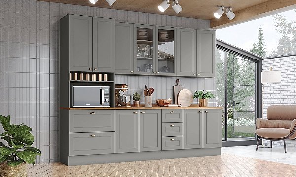 Cozinha Modulada 05 Pçs - Linha Americana - Cinza - Móveis Henn