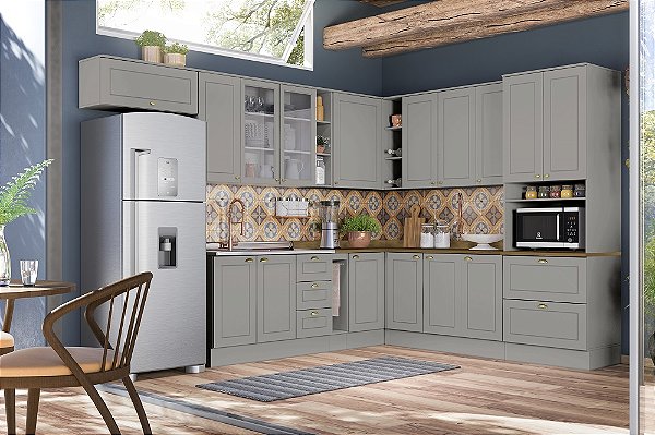 Cozinha Modulada 12 Pçs - Linha Americana - Cinza - Móveis Henn