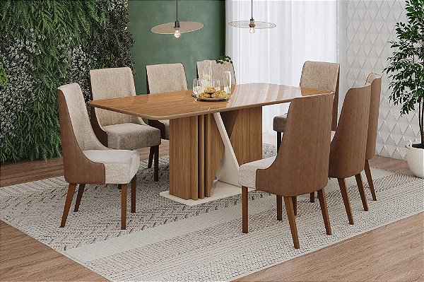 Conjunto de Mesa Valine 200cm c/ Vidro e cantos Arredondados + 08 Cadeiras Ivy Caramelo/Creme - Móveis Henn