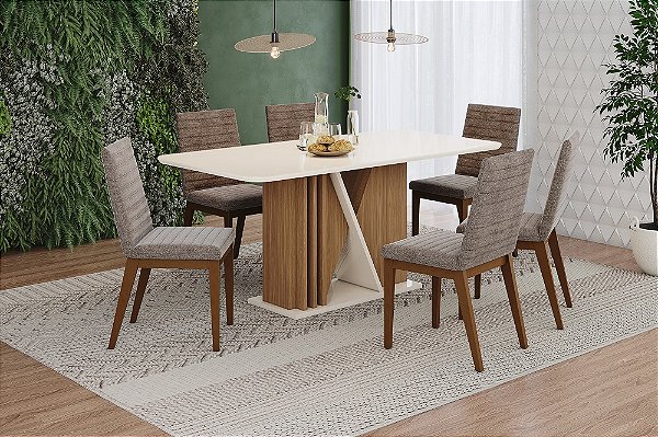 Conjunto de Mesa Valine 180cm c/ Vidro e cantos Arredondados + 06 Cadeiras Elena Cacao - Móveis Henn