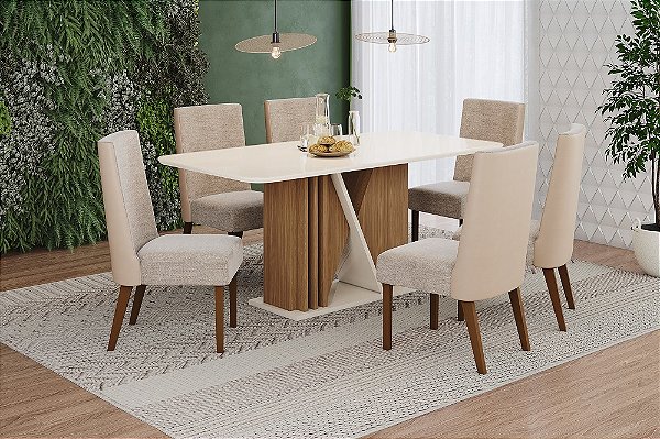 Conjunto de Mesa Valine 160cm c/ Vidro e cantos Arredondados + 06 Cadeiras Anne Bege/Creme - Móveis Henn