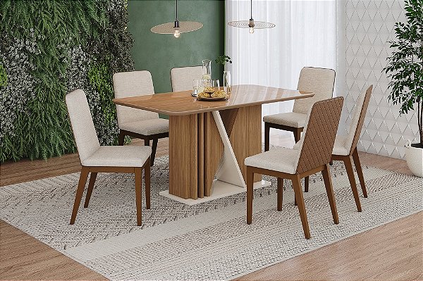 Conjunto de Mesa Valine 160cm c/ Vidro e cantos Arredondados + 06 Cadeiras Pietra Caramelo/Linho - Móveis Henn