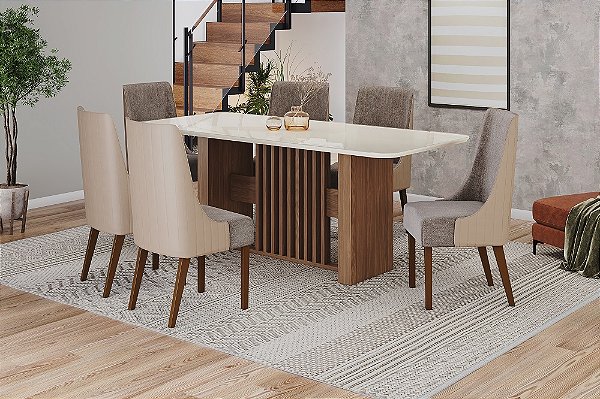 Conjunto de Mesa Vivian 200cm c/ Vidro e cantos Arredondados + 06 Cadeiras Ivy Bege/Cacao - Móveis Henn