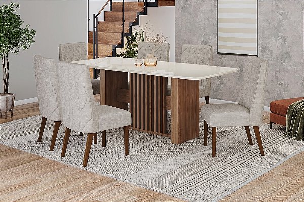 Conjunto de Mesa Vivian 200cm c/ Vidro e cantos Arredondados + 06 Cadeiras Eloa Linho - Móveis Henn