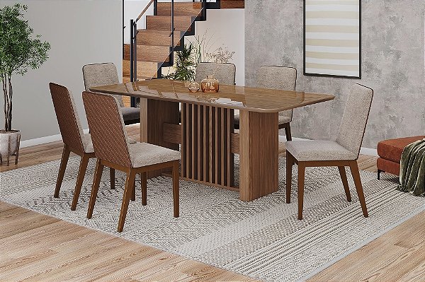 Conjunto de Mesa Vivian 200cm c/ Vidro e cantos Arredondados + 06 Cadeiras Pietra caramelo/Creme - Móveis Henn