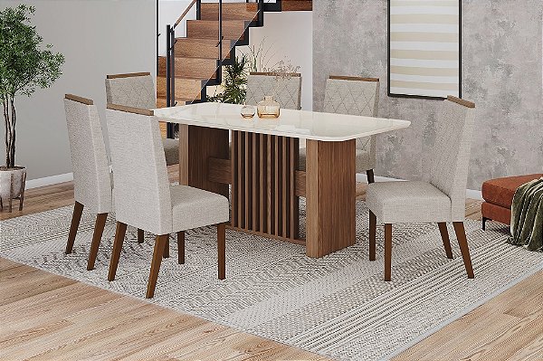 Conjunto de Mesa Vivian 180cm c/ Vidro e cantos Arredondados + 06 Cadeiras Nina Linho - Móveis Henn
