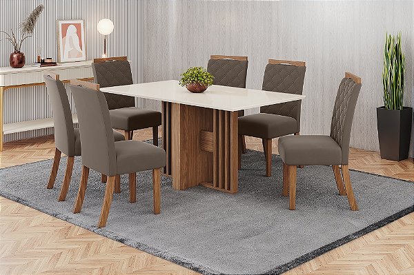 Conjunto de Mesa Dinah 160cm c/ Vidro e canto Reto + 06 Cadeiras Bella Amendoa - Móveis Henn
